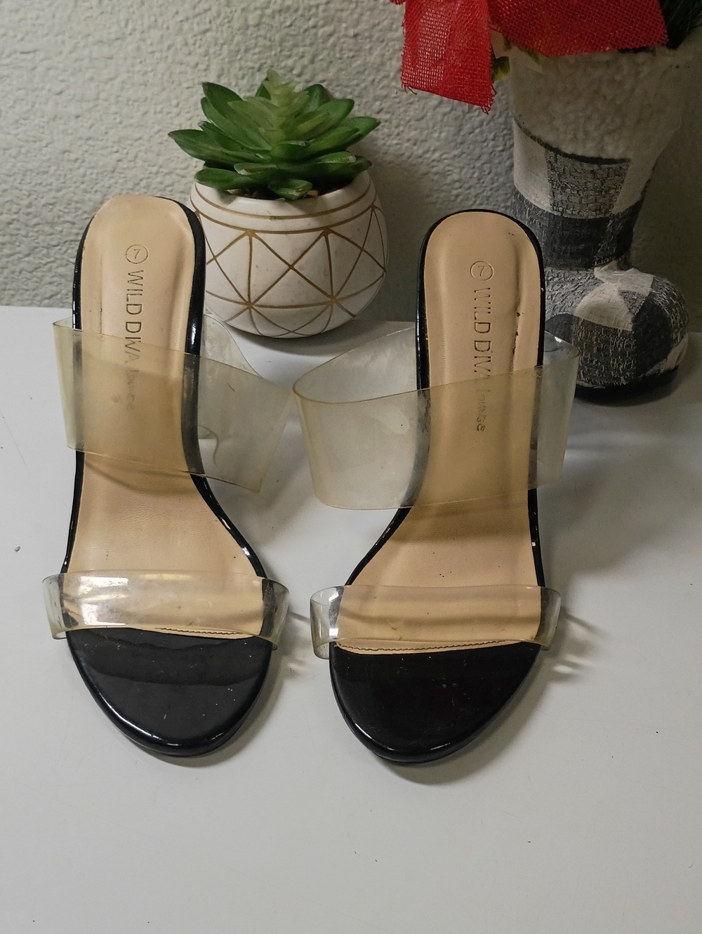 Wild Diva Black Footbed Clear Strap Slide Heels